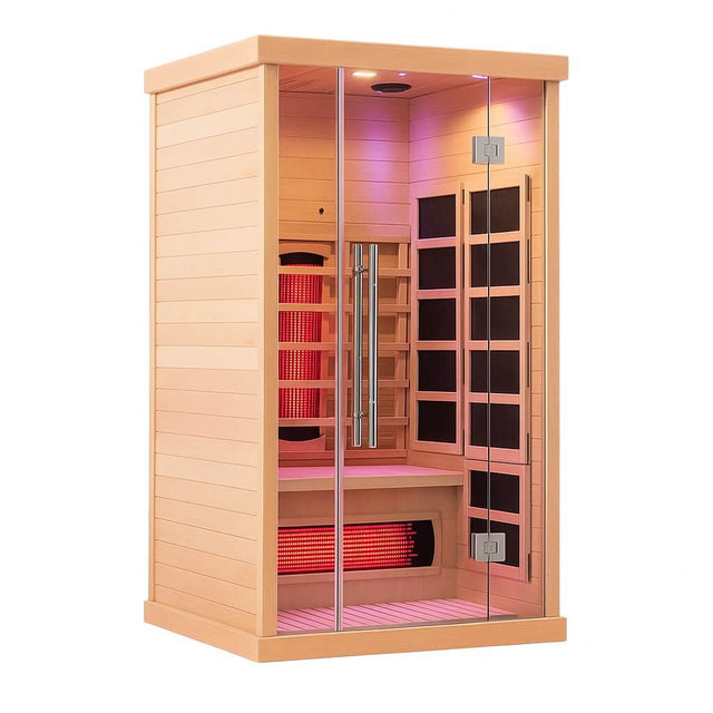 Empire 1-Person Infrared Sauna Cabin Compact – Hemlock Wood, Glass Front, Bluetooth & Full Spectrum Heating | EMP-S1 Infrared Saunas Empire