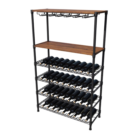 Empire 6 Tier Wire Wine Bottle Rack With Glass Holder and Shelf Black / Dark Wood 54 Bottle Capacity- EMP-WGRACK Chrome Wire Shelving and Racking Empire   