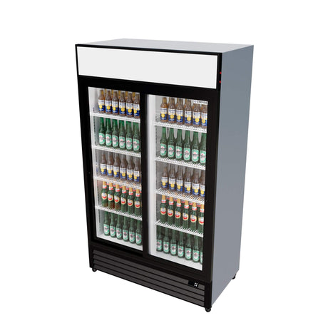 Empire Double Door Display Cooler Sliding – B Energy Rated Commercial Fridge with Merchandising Canopy | CL-690B - Graded Item Upright Double Glass Door Chillers Empire