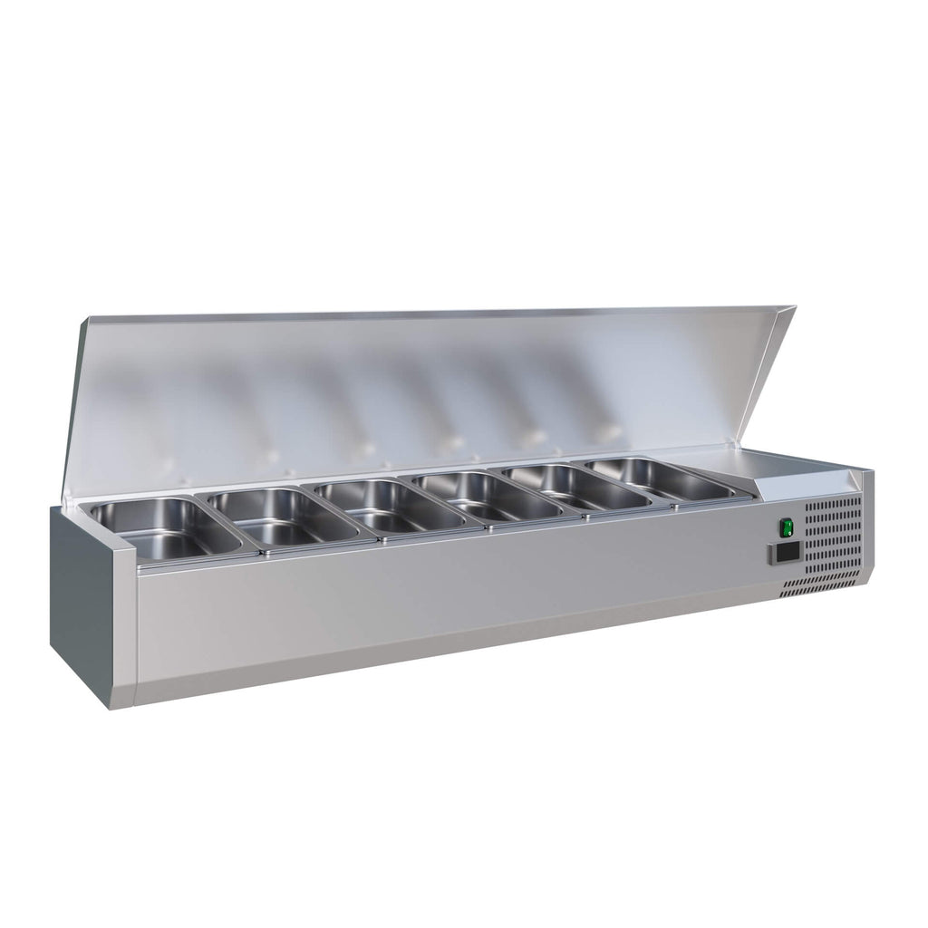 Empire Refrigerated Counter Top Servery Prep Unit 5 x 1/3 & 1 x 1/2 GN Stainless Steel Lid - EMP-VRX1500380SL VRX Topping Units Empire   