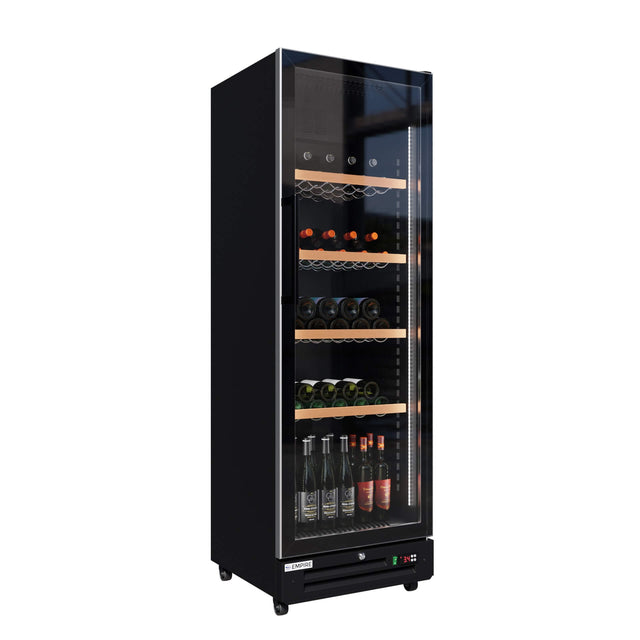Black wine cooler with glass door displaying bottles on a white background