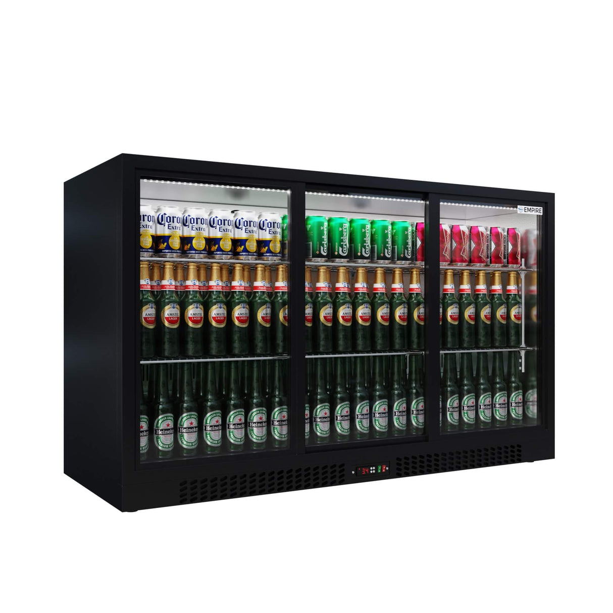Empire Triple Door Bottle Cooler – B Energy Rated Low 835mm Height Sliding Door Commercial Back Bar Fridge | CL-320SC - Graded Item