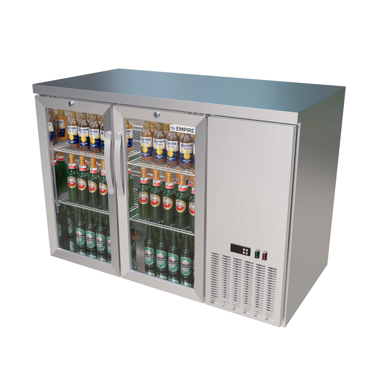 Empire High Capacity Stainless Steel Double Door Bottle Cooler Hinged Undercounter Low Height Side Cooling - CL-305HR - Graded Item Double Door Bottle Coolers Empire