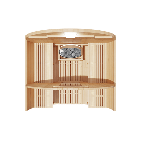 Kove 1-2 Person Spruce Barrel Sauna with Front Porch & 4.5kW Electric Heater | KOVE-BAR2 Outdoor Barrel Electric Heated Saunas KOVE