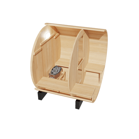 Kove 1-2 Person Spruce Barrel Sauna with Front Porch & 4.5kW Electric Heater | KOVE-BAR2 Outdoor Barrel Electric Heated Saunas KOVE