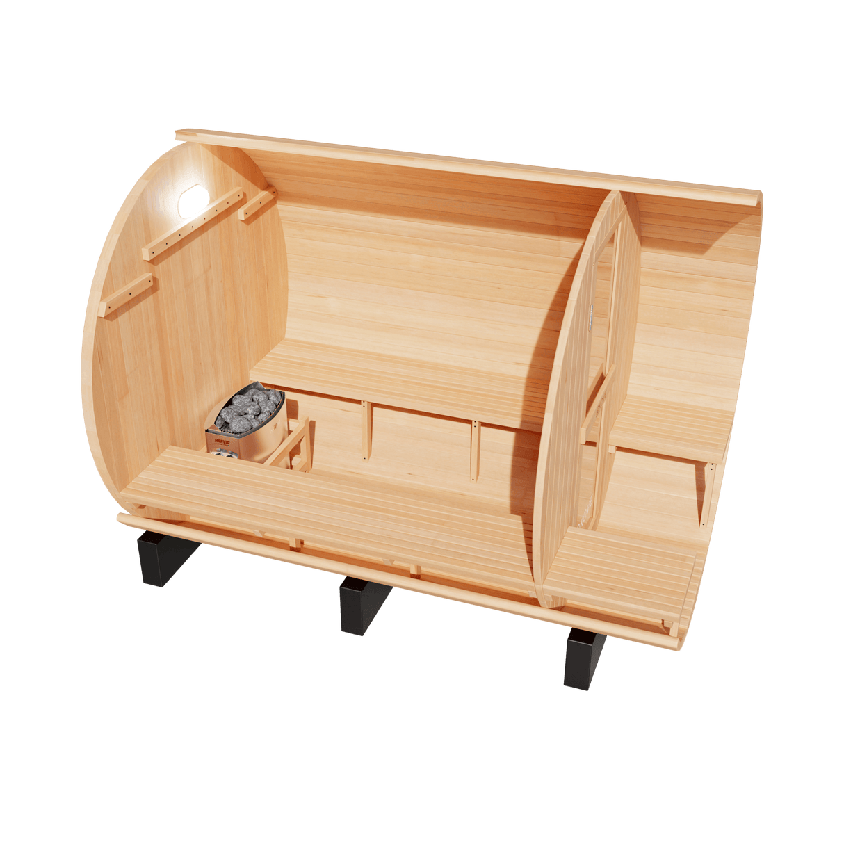 Kove 5-6 Person Spruce Barrel Sauna with Front Porch & 8kW Electric Heater | KOVE-BAR6 Outdoor Barrel Electric Heated Saunas KOVE