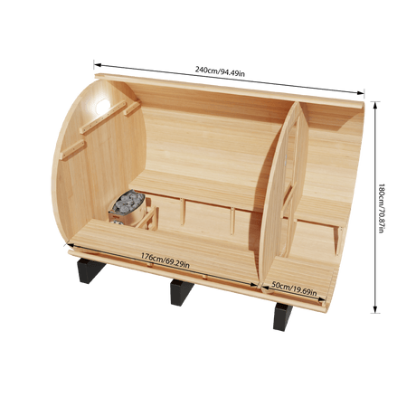 Kove 5-6 Person Spruce Barrel Sauna with Front Porch & 8kW Electric Heater | KOVE-BAR6 Outdoor Barrel Electric Heated Saunas KOVE