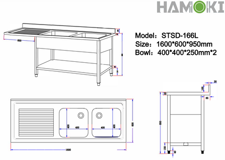 Hamoki Double Bowl Dishwasher Sink – 1600mm, Left Hand Drainer, Undercounter Space for Dishwasher | 231031 Double Bowl Sinks Hamoki