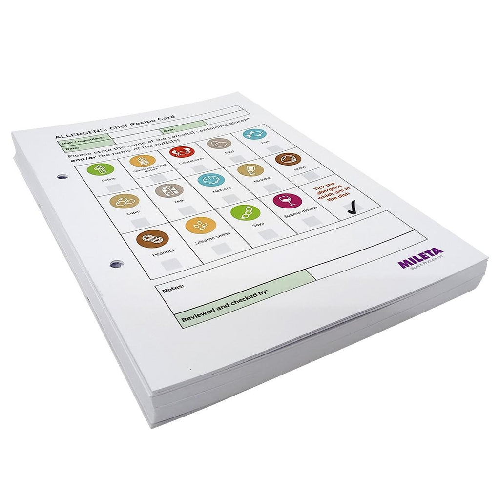 Chef Dishes - Staff & Server Allergy Replacement Cards - Pack of 50 (Double sided to fill in 100 dishes) - CG203  Mileta   