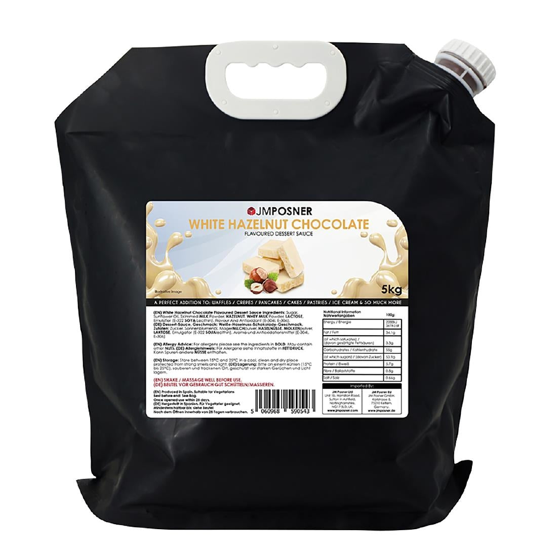 JM Posner Liquid White Chocolate Hazelnut Sauce Spout Bag (5kg) - DX520  JM Posner   