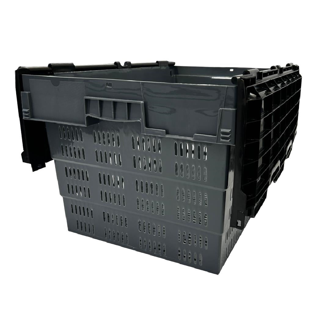 Vogue Perforated Plastic Transport Storage Crate with Attached Lid 600x400x320mm - DX996  Vogue   