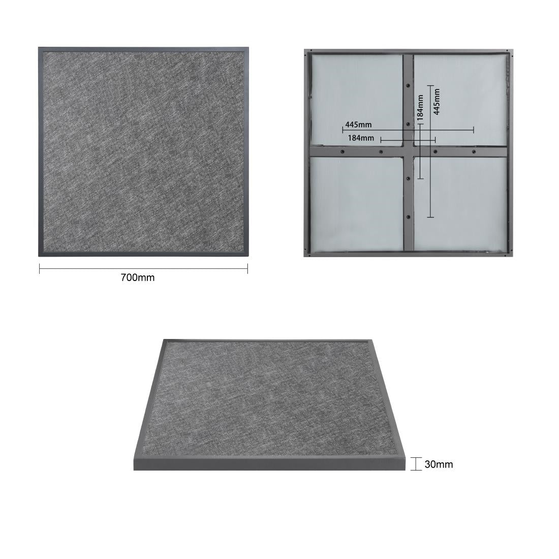 Bolero Black Brushed Mix Outdoor Tempered Glass Table Top Square Grey Trim 700mm - DZ873 Stone Effect Table Tops Bolero   