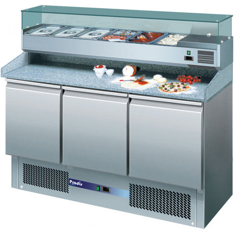 Prodis EC-3PIZZA-LE Low Energy Ventilated 3 Door Granite Top Pizza Prep Table With 6 x 1/4GN Topping Unit | EC-3PIZZA-LE Pizza Prep Counters - 3 Door Prodis