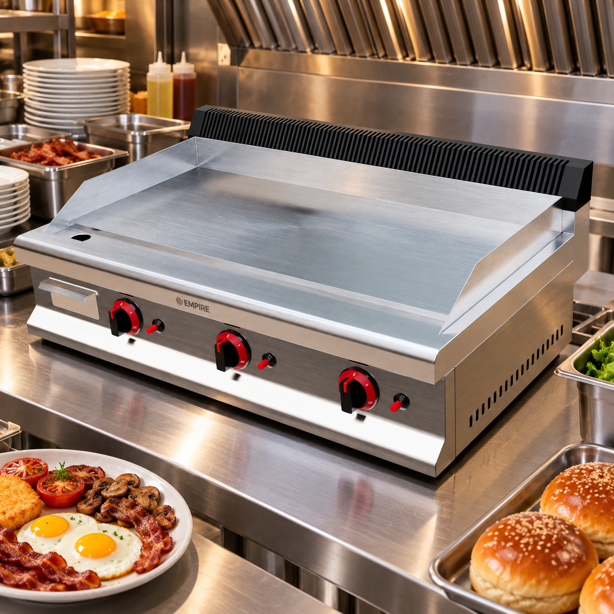 Empire 3 Burner Gas Griddle Smooth Chrome – 950mm LPG & Nat Gas 8.4kW Commercial - EMP-GD950-CHROME