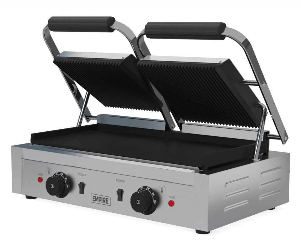 Empire Large Twin Contact Panini Grill Ribbed Top Flat Bottom - EMP-GH813 - Graded Item