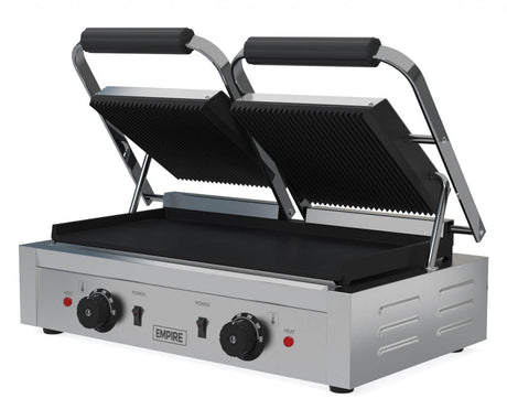 Empire Large Twin Contact Panini Grill Ribbed Top Flat Bottom - EMP-GH813 - Graded Item