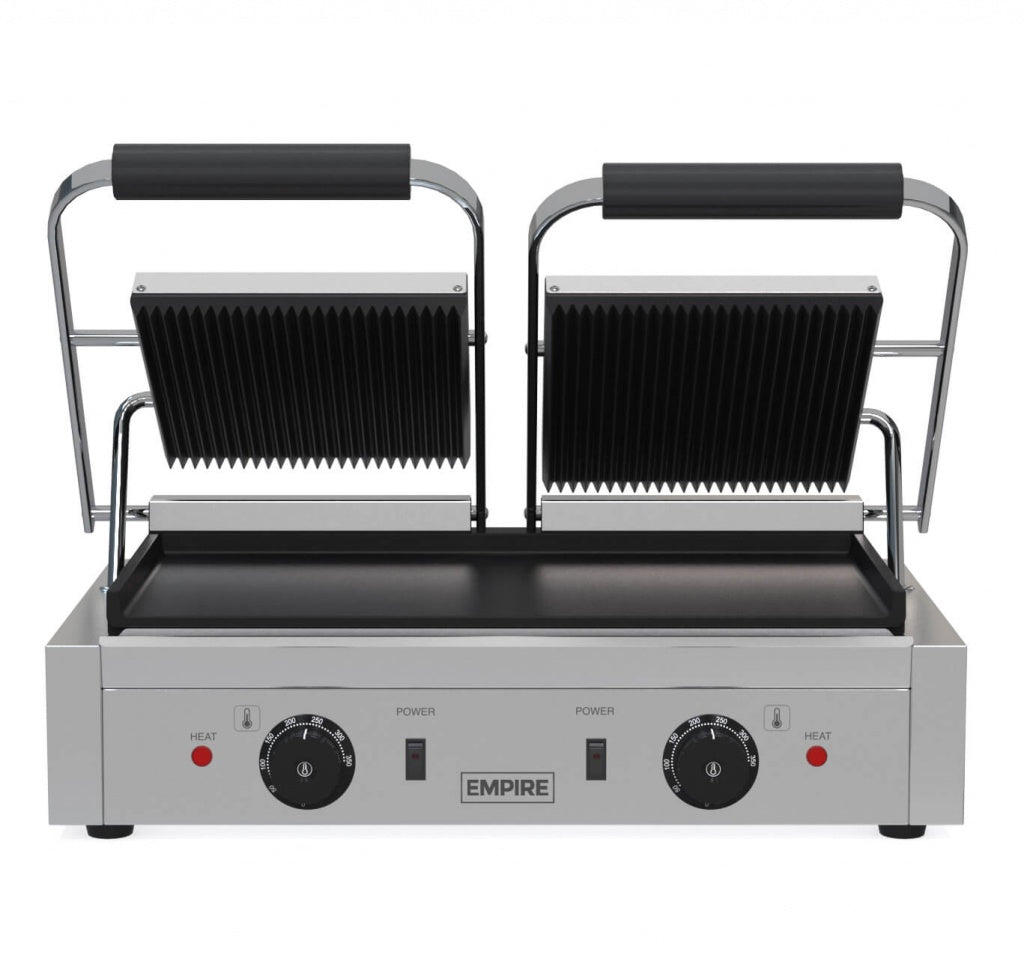 Empire Large Twin Contact Panini Grill Ribbed Top Flat Bottom - EMP-GH813 - Graded Item