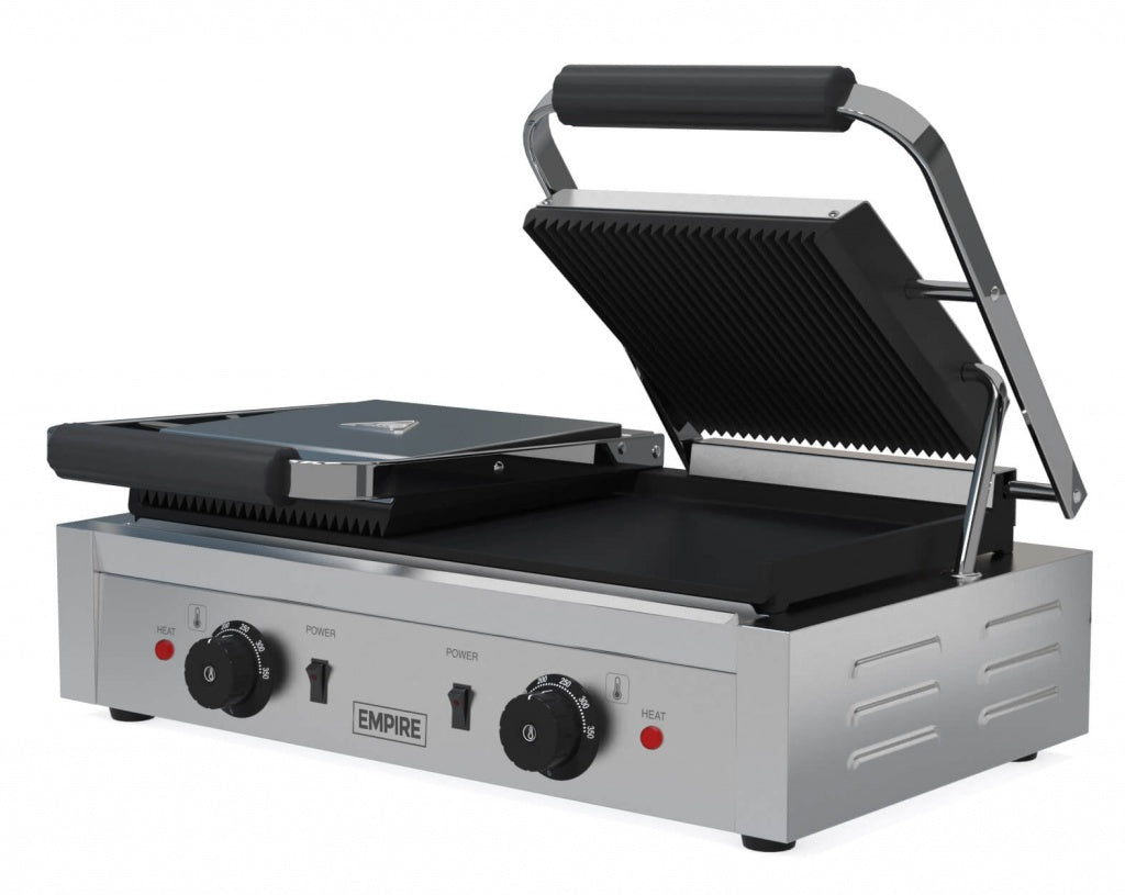 Empire Large Twin Contact Panini Grill Ribbed Top Flat Bottom - EMP-GH813 - Graded Item