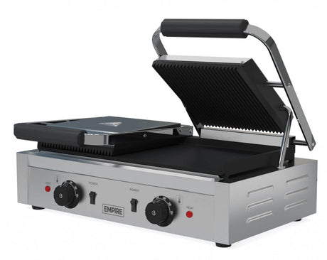 Empire Large Twin Contact Panini Grill Ribbed Top Flat Bottom - EMP-GH813 - Graded Item
