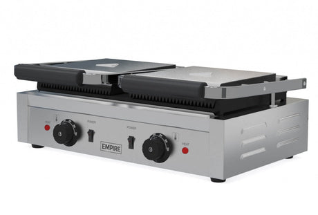 Empire Large Twin Contact Panini Grill Ribbed Top Flat Bottom - EMP-GH813 - Graded Item