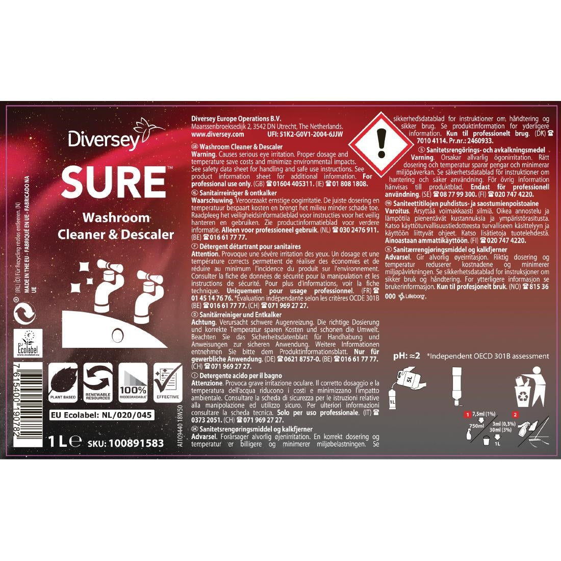 SURE Washroom Cleaner and Descaler Concentrate 1Ltr - CX823  Diversey   