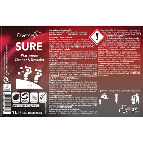 SURE Washroom Cleaner and Descaler Concentrate 1Ltr - CX823  Diversey   
