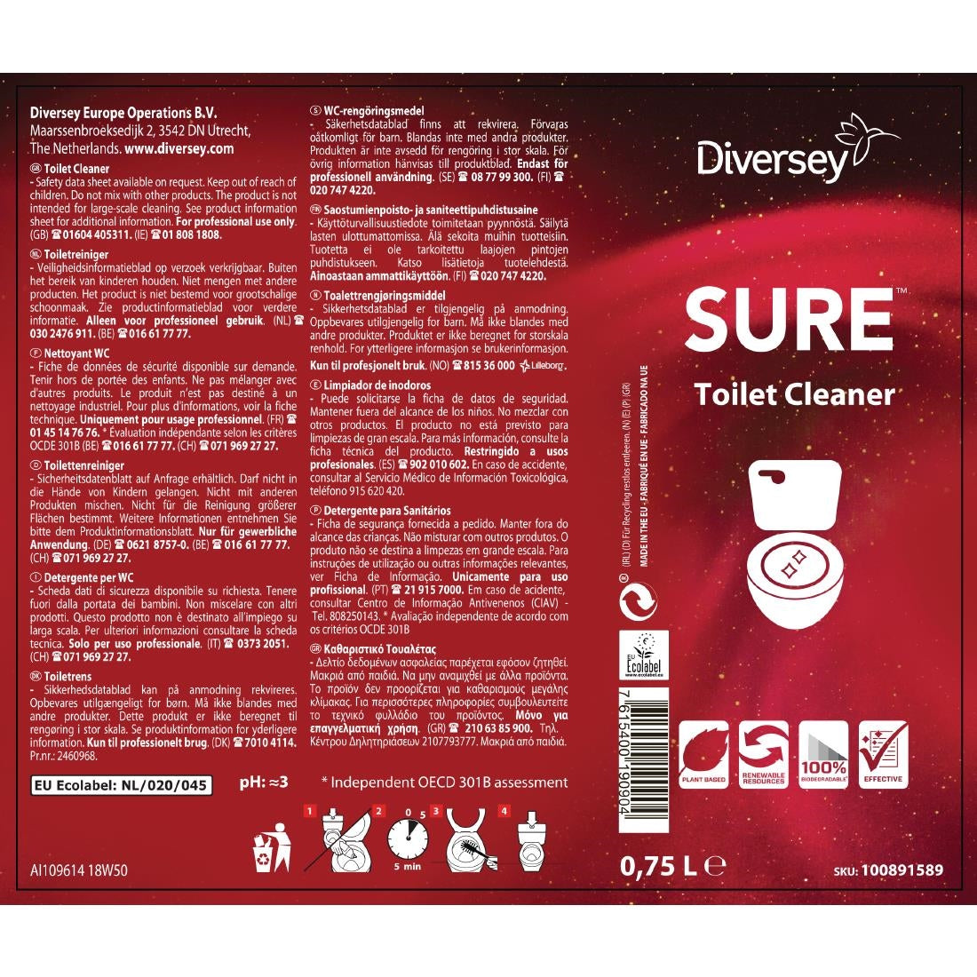 SURE Toilet Cleaner Ready To Use 750ml - CX827  Diversey   