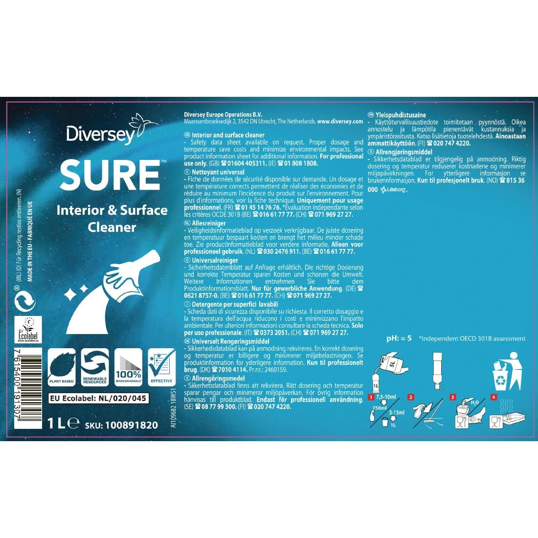 SURE Interior and Surface Cleaner Concentrate 1Ltr - CX829  Diversey   