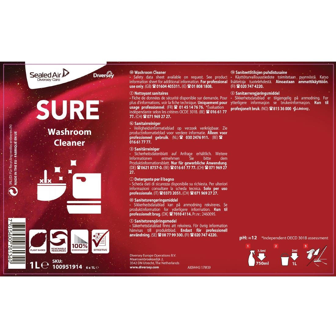 SURE Washroom Cleaner Concentrate 1 Litre - CX841  Diversey   