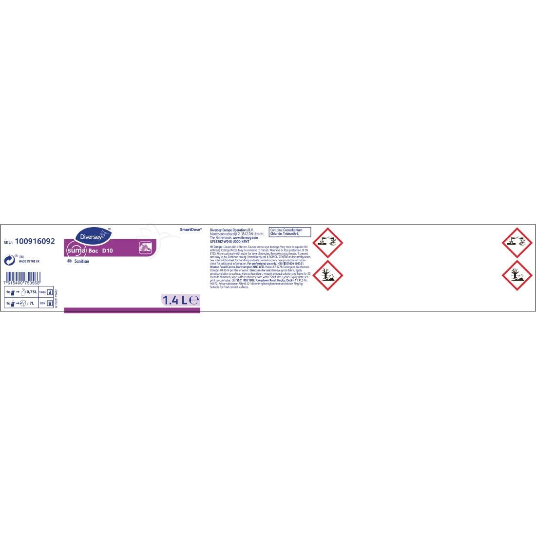 Suma SmartDose Bac D10 Cleaner and Sanitiser Super Concentrate 1.4Ltr - CX807  Diversey   