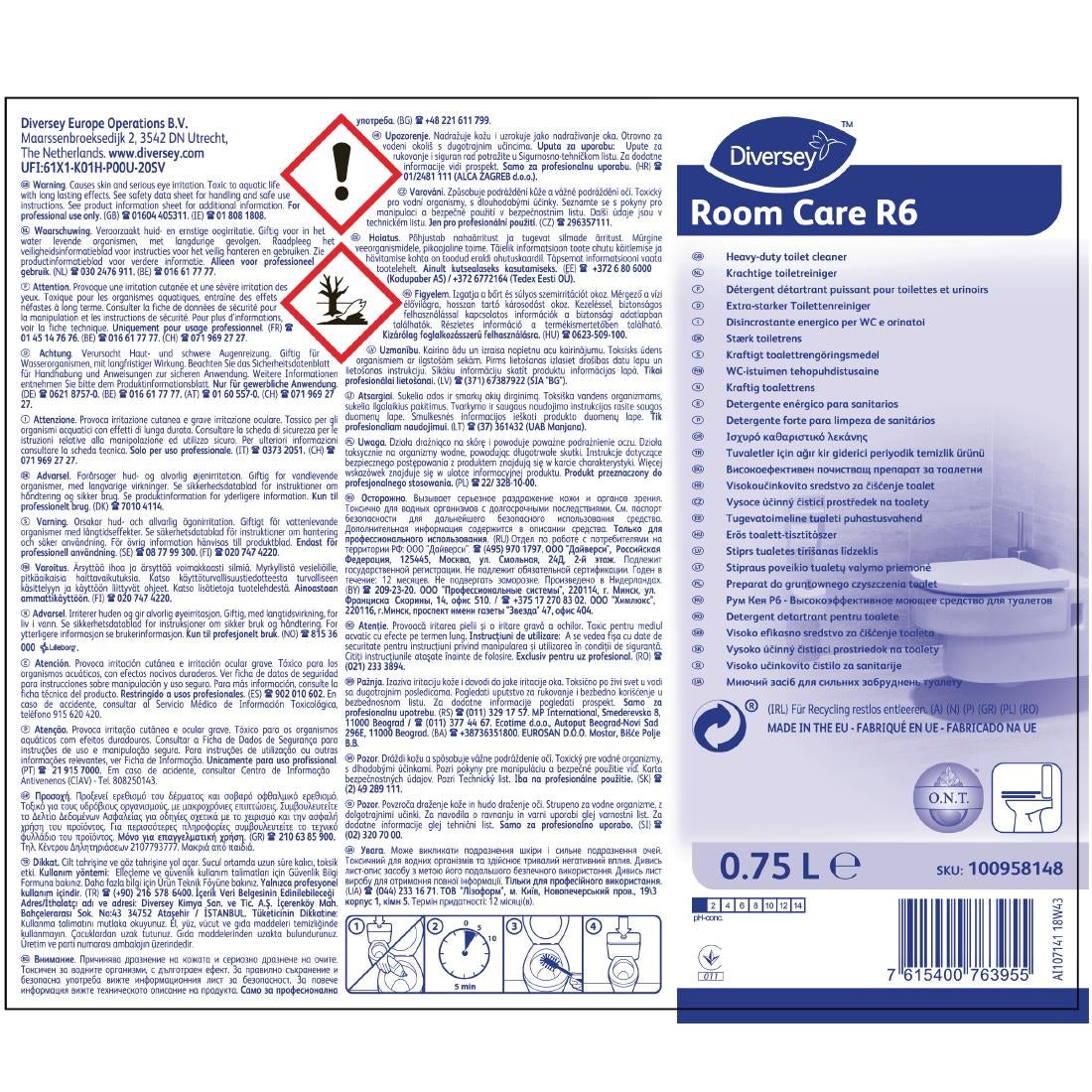 Room Care R6 Heavy-Duty Toilet Cleaner Ready To Use 750ml - CX822  Diversey   