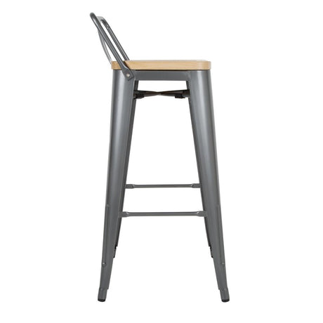 Bolero Bistro Backrest High Stools with Wooden Seat Pad Gun Metal (Pack of 4) - FB624 Metal Bar Stools Bolero   