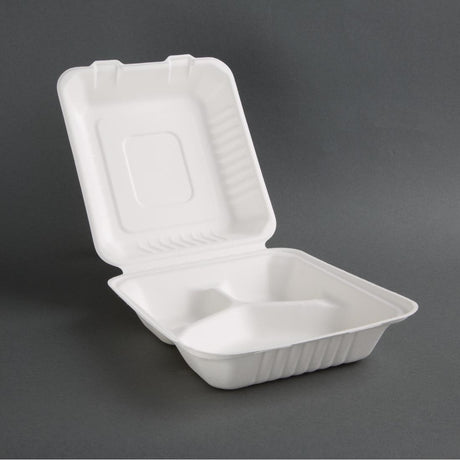 Fiesta Compostable Bagasse Hinged 3-Compartment Food Containers 201mm (Pack of 200) - FC526  Fiesta   