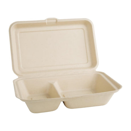 Fiesta Compostable Bagasse Two-Compartment Hinged Food Containers Natural Colour 253mm (Pack of 200) - FC541  Fiesta   