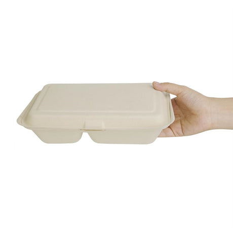 Fiesta Compostable Bagasse Two-Compartment Hinged Food Containers Natural Colour 253mm (Pack of 200) - FC541  Fiesta   