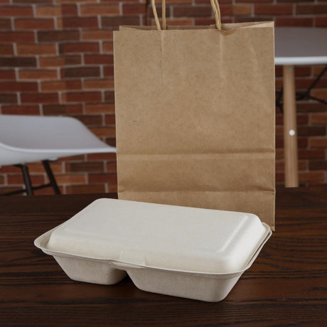 Fiesta Compostable Bagasse Two-Compartment Hinged Food Containers Natural Colour 253mm (Pack of 200) - FC541  Fiesta   