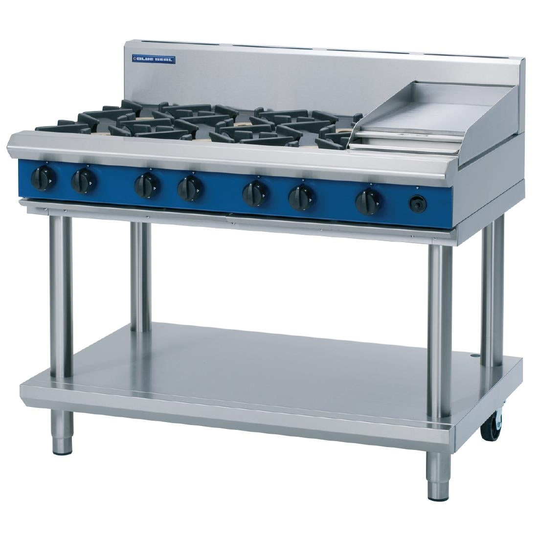 Blue Seal Evolution Cooktop 6 Open/1 Griddle Burner Natural Gas on Stand 1200mm G518C-LS/N - GK192-N  Blue Seal   