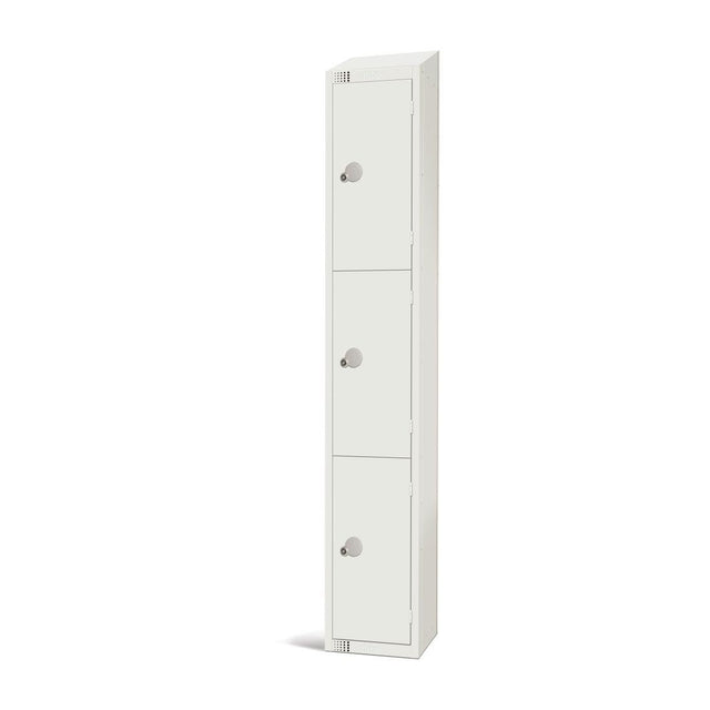 Elite Three Door Camlock Locker with Sloping Top White - GR304-CS Steel Lockers 300mm Deep Elite Lockers   