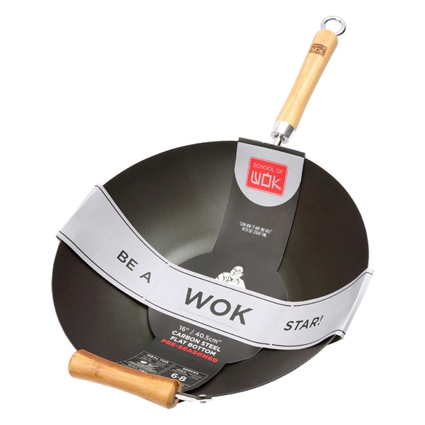 Dexam School of Wok Carbon Steel Flat Base Non-Stick Wok 405mm - HR298  School of Wok by Dexam   
