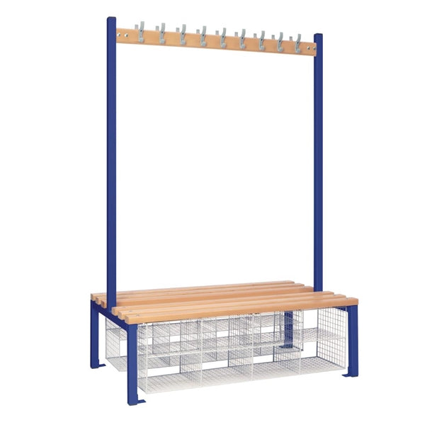 Double-Sided Island Seating with Mesh Basket Blue 1200mm - HR627  Elite Lockers   