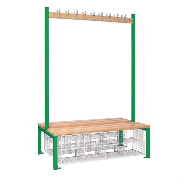 Double-Sided Island Seating with Mesh Basket Green 1200mm - HR631  Elite Lockers   