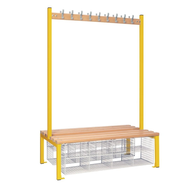 Double-Sided Island Seating with Mesh Basket Yellow 1200mm - HR632  Elite Lockers   