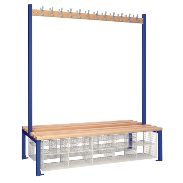 Double-Sided Island Seating with Mesh Basket Blue 1500mm - HR634  Elite Lockers   