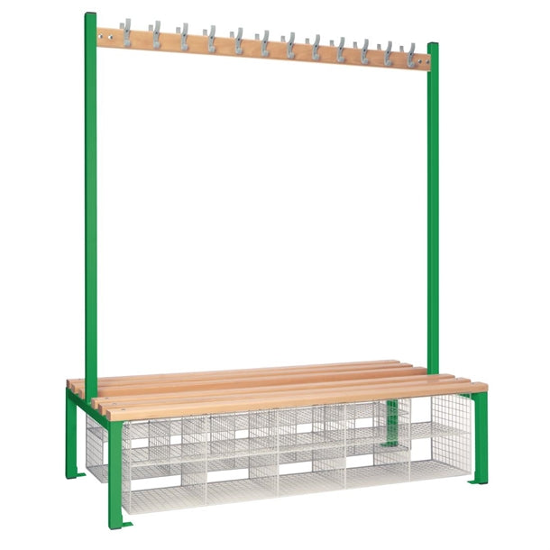 Double-Sided Island Seating with Mesh Basket Green 1500mm - HR638  Elite Lockers   