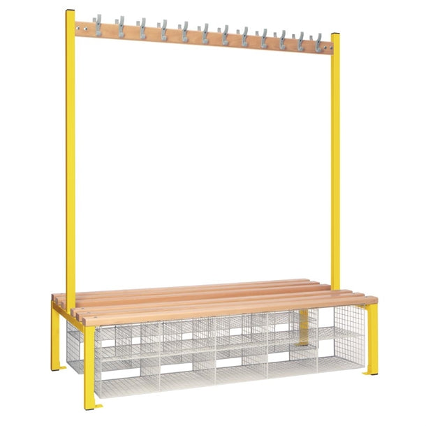 Double-Sided Island Seating with Mesh Basket Yellow 1500mm - HR639  Elite Lockers   
