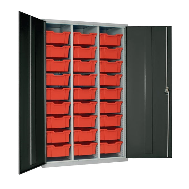 27 Tray High-Capacity Storage Cupboard - Dark Grey with Red Trays - HR681 Lockable Cupboards Elite Lockers   