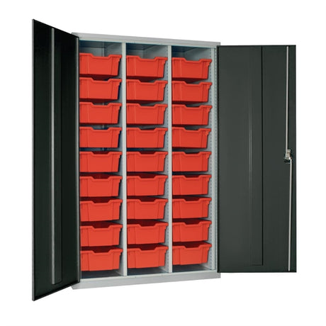 27 Tray High-Capacity Storage Cupboard - Dark Grey with Red Trays - HR681 Lockable Cupboards Elite Lockers   