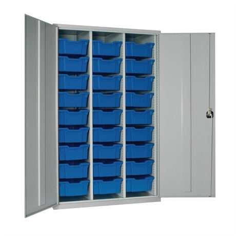 27 Tray High-Capacity Storage Cupboard - Grey with Blue Trays - HR683 Lockable Cupboards Elite Lockers   