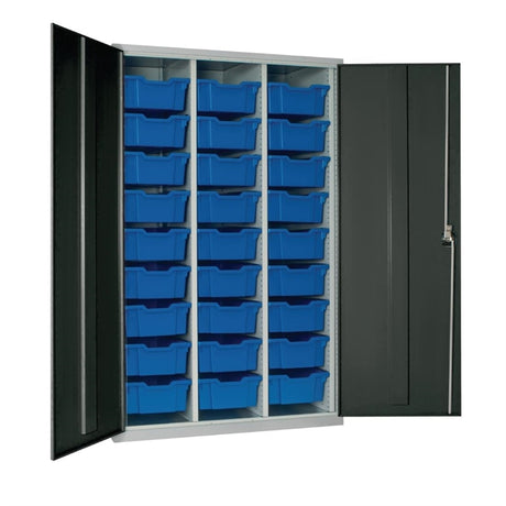 27 Tray High-Capacity Storage Cupboard - Dark Grey with Blue Trays - HR685 Lockable Cupboards Elite Lockers   