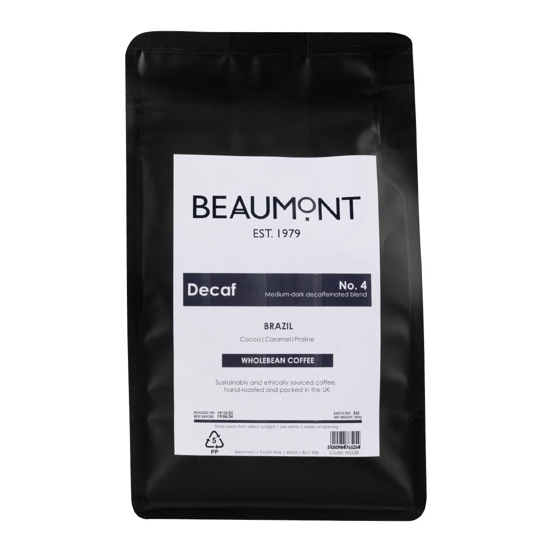 Beaumont No.4 Decaf Coffee Beans 250g - HS538  Beaumont   